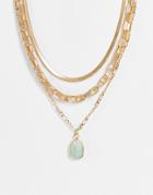 South Beach Multirow Mixed Chains Necklace With Blue Stone In Gold