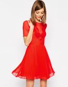 Asos Lace And Pleat Skater Mini Dress - Red