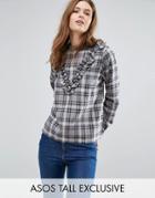 Asos Tall Top In Check With Ruffle Front Detail - Gray