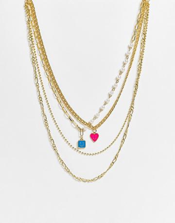 Madein Three Tier Necklace In Gold With Colored Charms