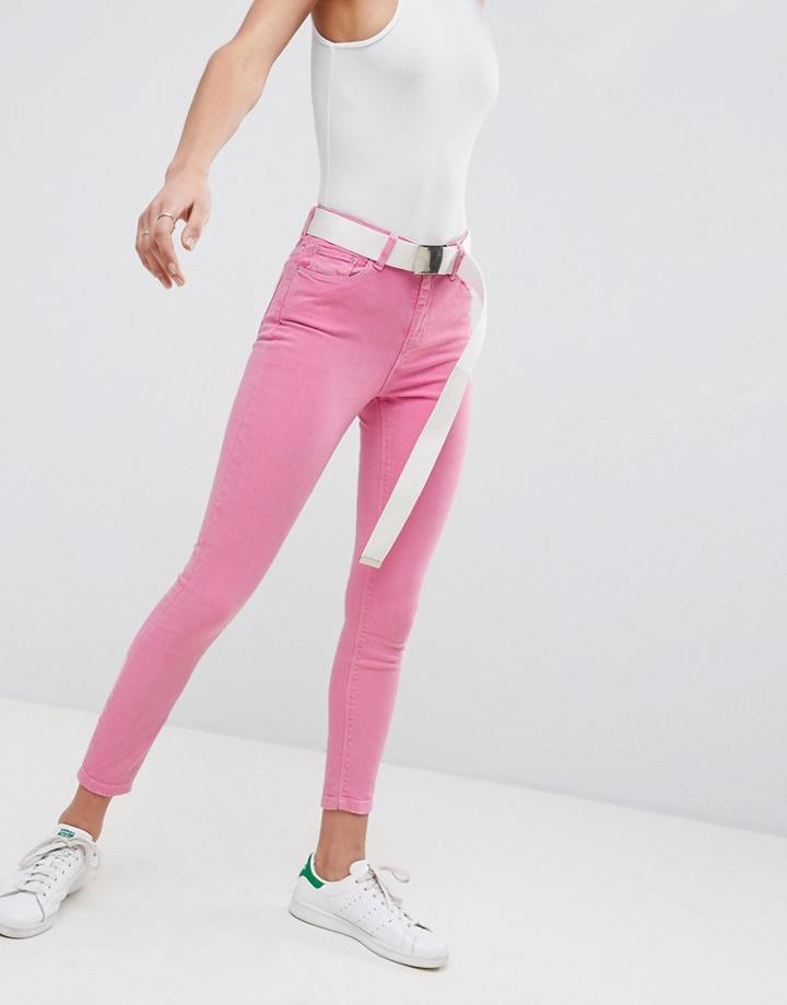 Asos Design Ridley High Waist Skinny Jeans In Neon Pink With Extra Long Belt - Pink