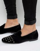 Asos Smart Loafers In Black Velvet With Stud Toe Detail - Black