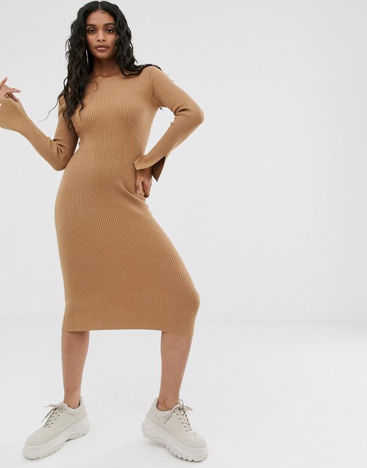 4th + Reckless Knitted Backless Midi Dress In Camel-brown