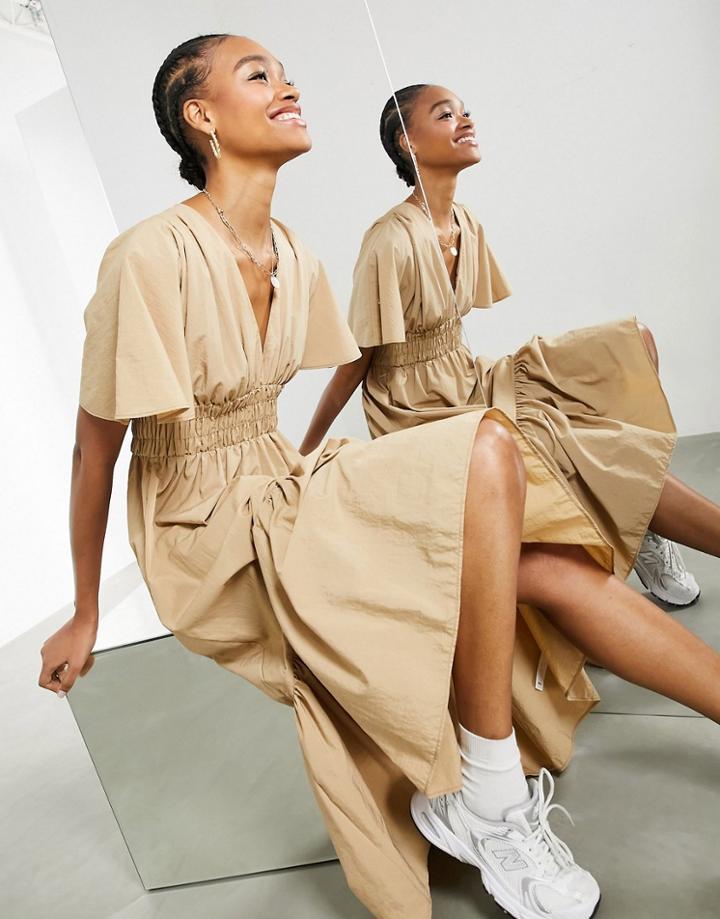 Asos Edition Shirred Waist Midi Dress In Camel-neutral