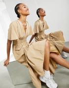 Asos Edition Shirred Waist Midi Dress In Camel-neutral