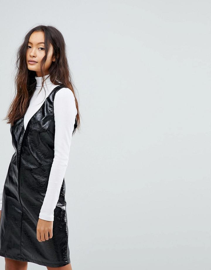 Vila Vinyl Midi Shift Dress In Black
