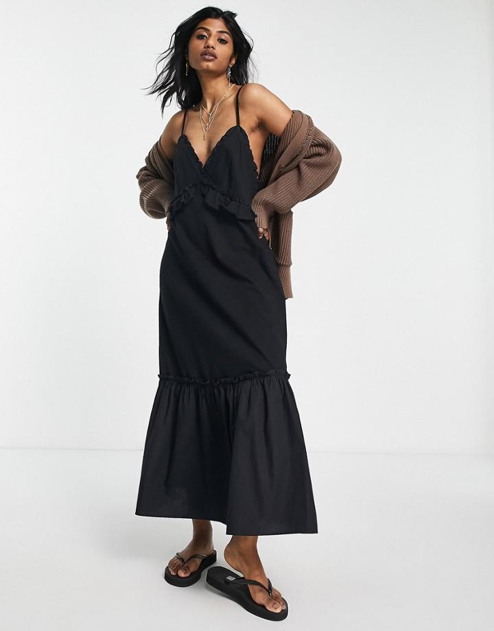 Topshop Jersey Poplin Mix Strappy Frill Midi Dress In Black