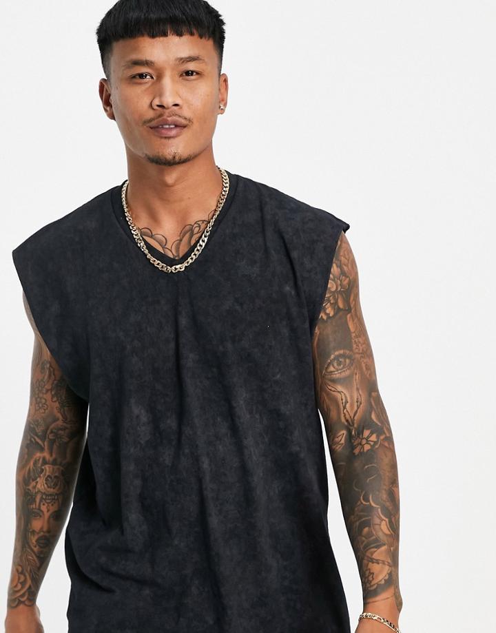 Asos Design Oversized Tank In Washed Black With V Neck
