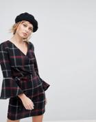 Parisian Check Wrap Dress With Flare Sleeve - Black