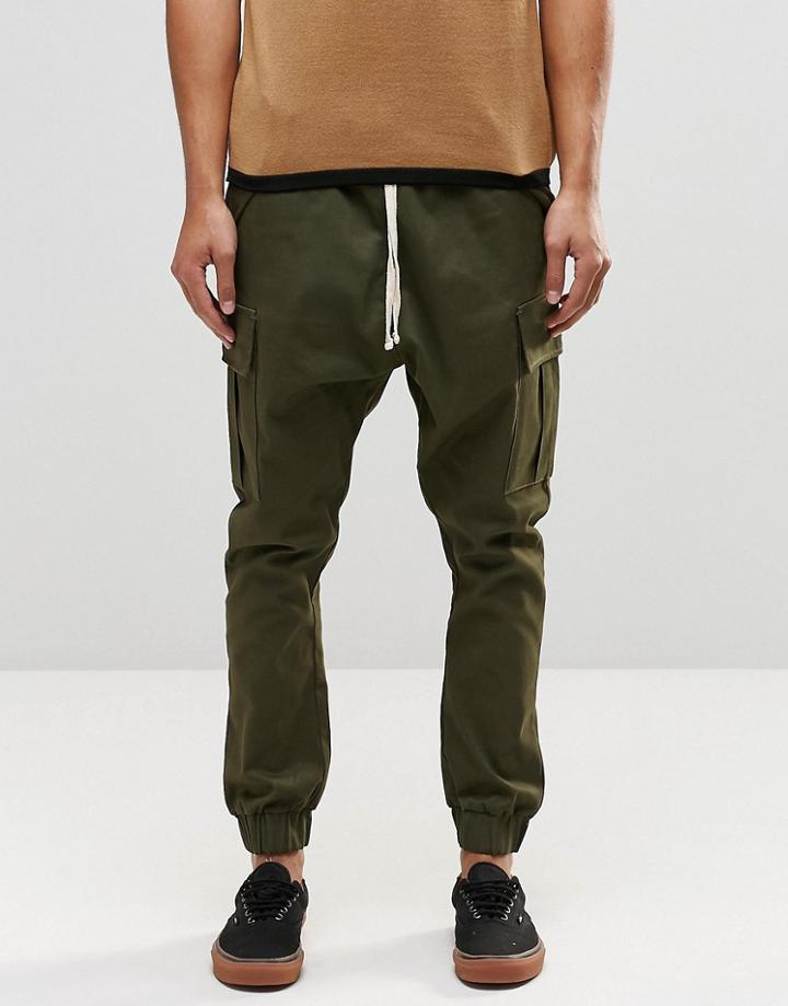 Asos Drop Crotch Cargo Joggers In Khaki - Khaki