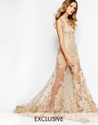 A Star Is Born Allover Luxe Embellished Maxi Dress With Jewel Red Carpet Train - Dark Nude