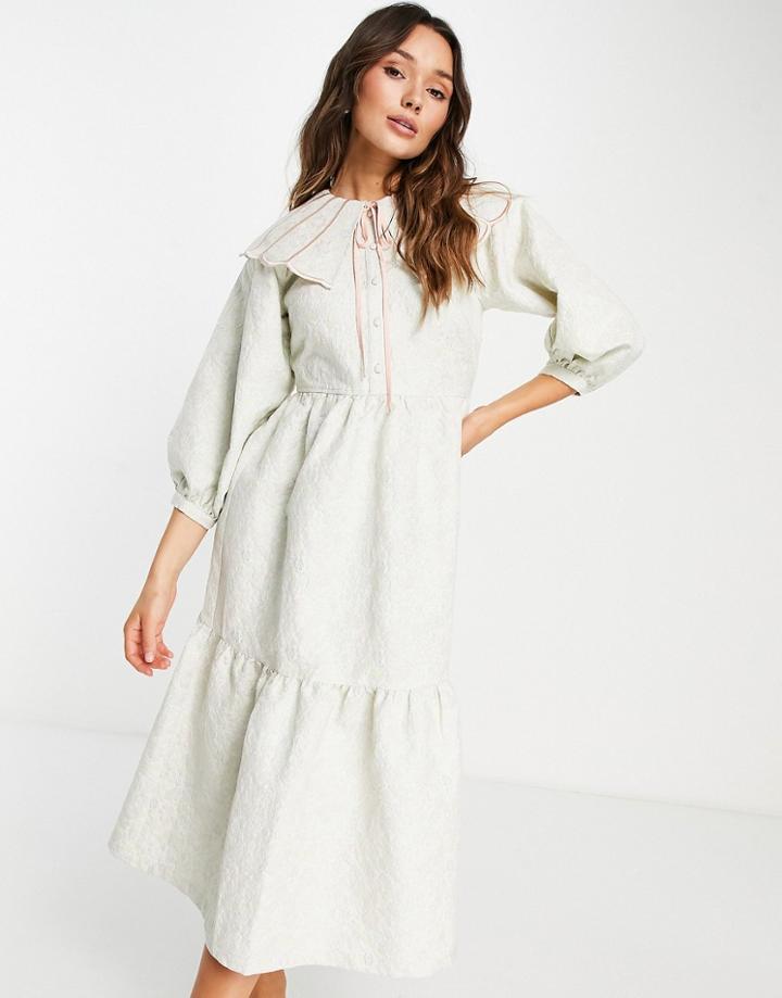 Lost Ink Embroidered Scallop Collar Jacquard Midi Dress In Baby Blue