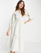 Lost Ink Embroidered Scallop Collar Jacquard Midi Dress In Baby Blue