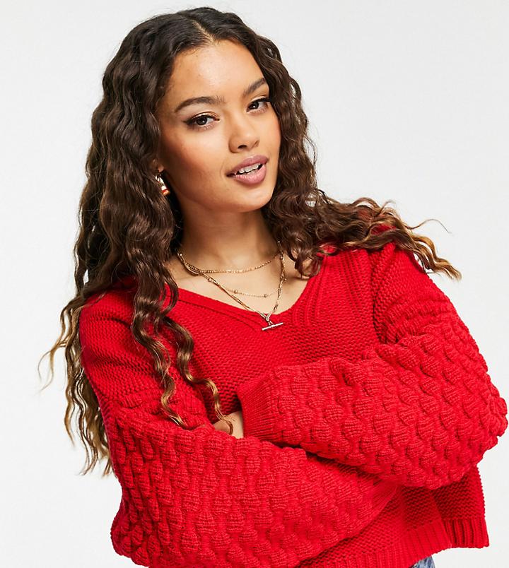 Asos Design Petite V Neck Sweater With Textured Sleeve In Red