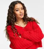 Asos Design Petite V Neck Sweater With Textured Sleeve In Red