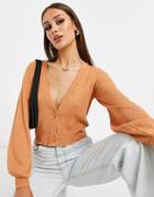 Threadbare Lanikia Balloon Sleeve Ribbed Cardigan In Tan-white