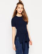 Asos Knit Tee In Rib Knit With Tie Waist - Navy