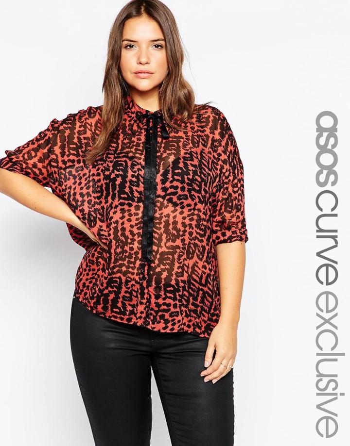 Asos Curve Skinny Tie Blouse In Animal Print - Multi