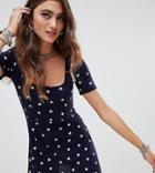 Rokoko Short Sleeved Square Neck Mini Dress In Star Print - Navy