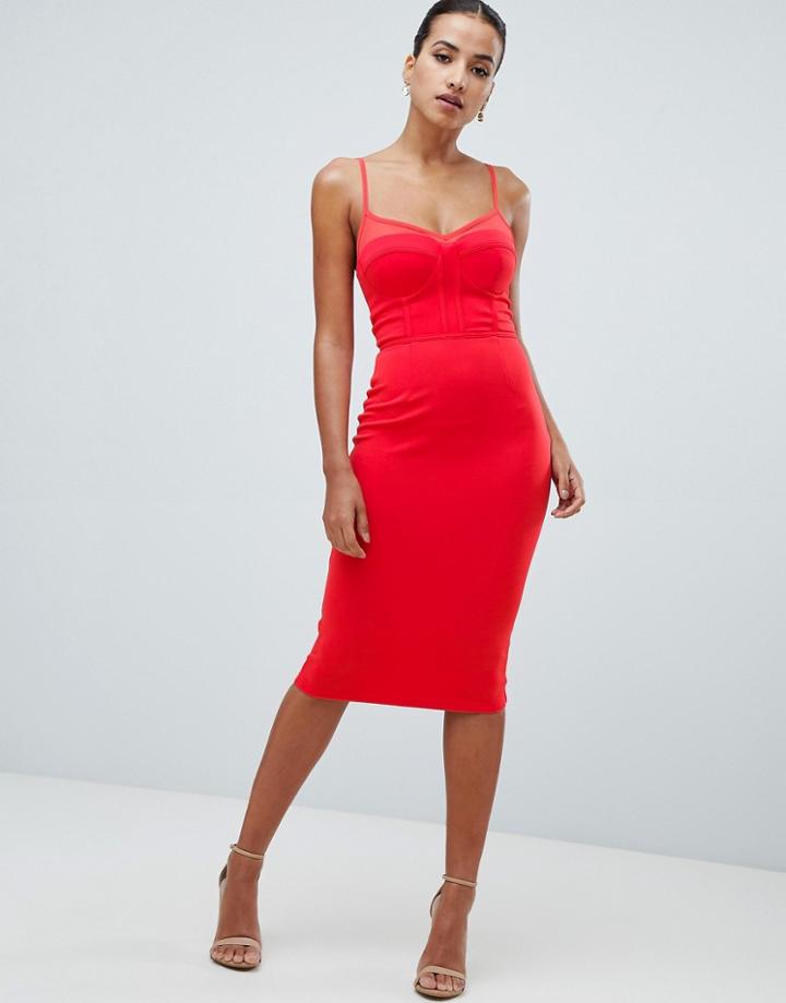 Rare London Mesh Panel Midi Dress - Orange