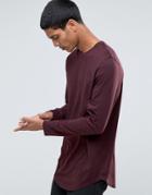 Asos Super Longline Long Sleeve T-shirt With Curve Hem In Oxblood - Red