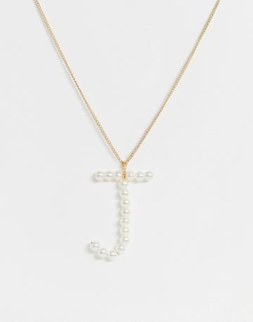 Designb London J Initial Faux Pearl Necklace - Gold