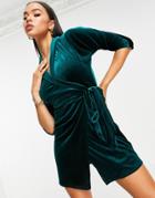 Asos Design Velvet Wrap Mini Dress In Bottle Green