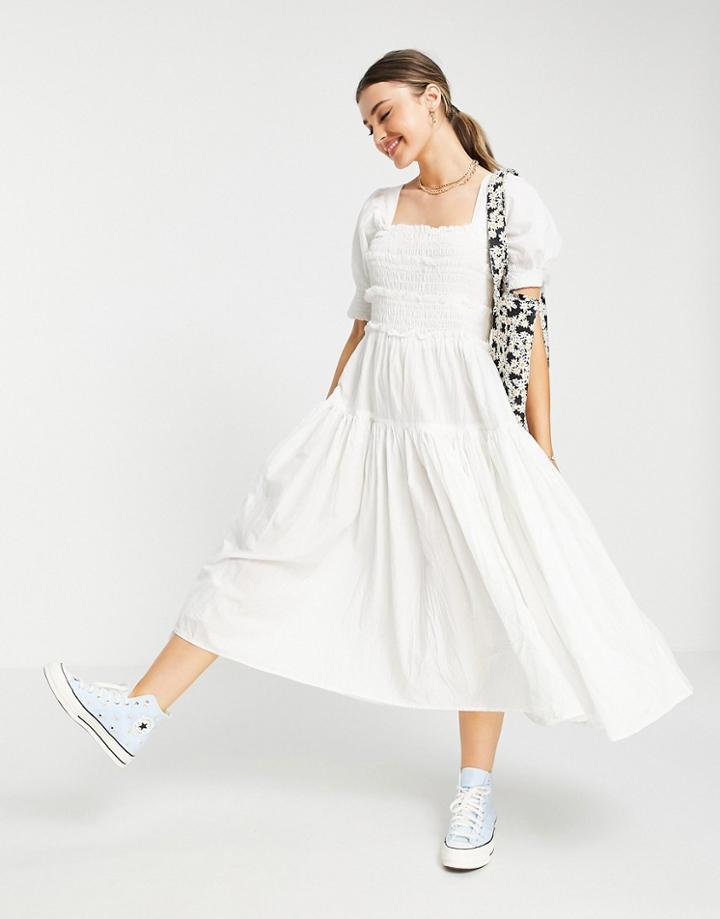 Asos Design Square Neck Shirred Raw Edge Midi Skate Dress In White