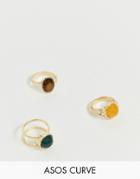 Asos Design Curve Pack Of 3 Rings With Faux Tigers Eye And Stone Detail In Gold Tone - Gold