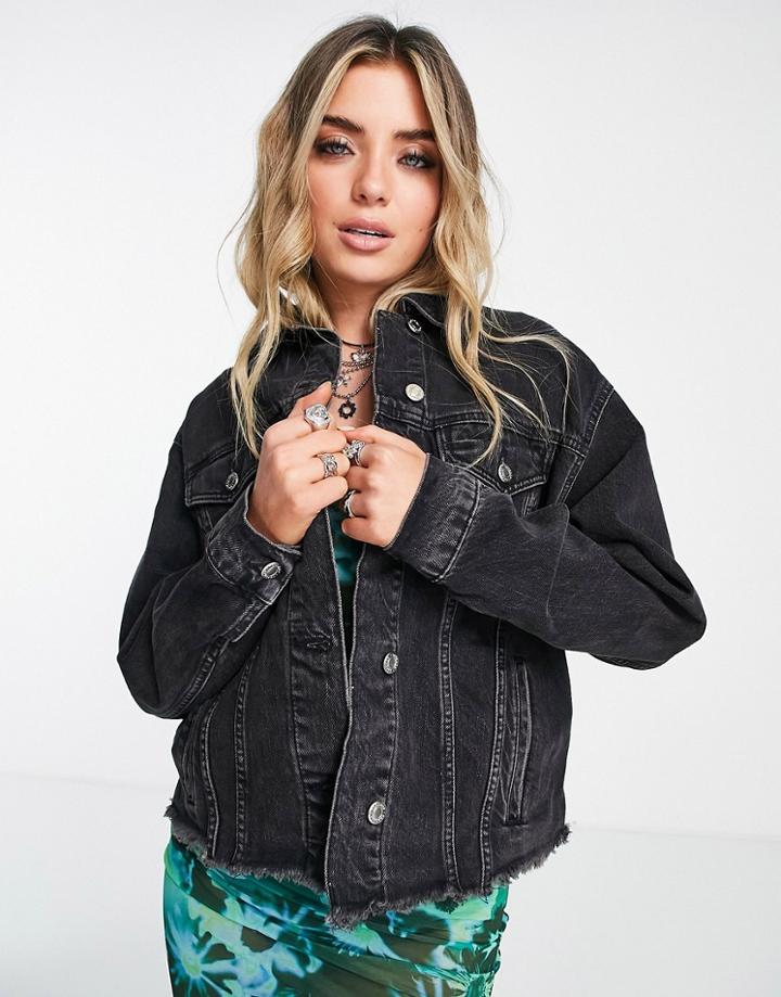 Topshop Oversized Raw Denim Jacket In Washed Black