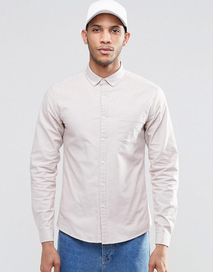 Asos Skinny Oxford Shirt In Stone With Long Sleeves - Stone