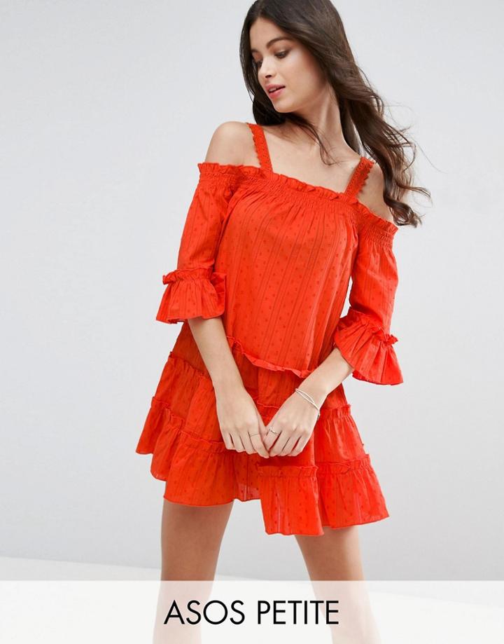 Asos Petite Dobby Spot Tiered Cold Shoulder Sundress - Orange