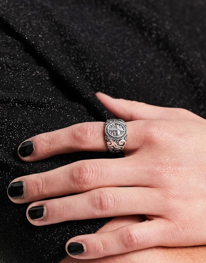Asos Design Vintage Inspired Signet Ring With Cross And Emboss-silver