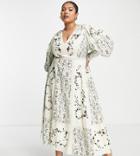 Asos Edition Curve Floral Embroidered Midi Dress With Lace Inserts-white