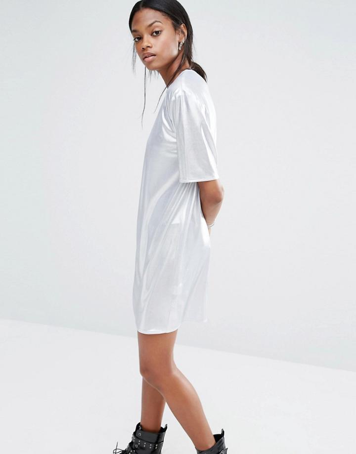 Missguided Metallic T-shirt Dress - Silver