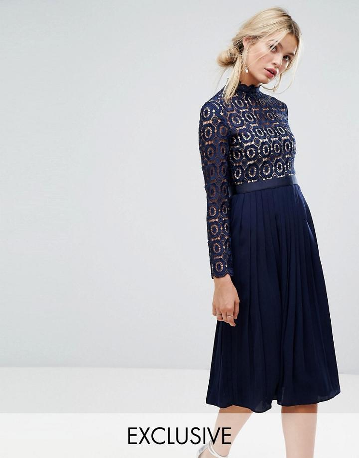 Little Mistress Premium Lace Pleated Midi Dress - Navy