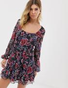 Talulah Ardour Floral Print Ruffle Sleeve Dress - Navy