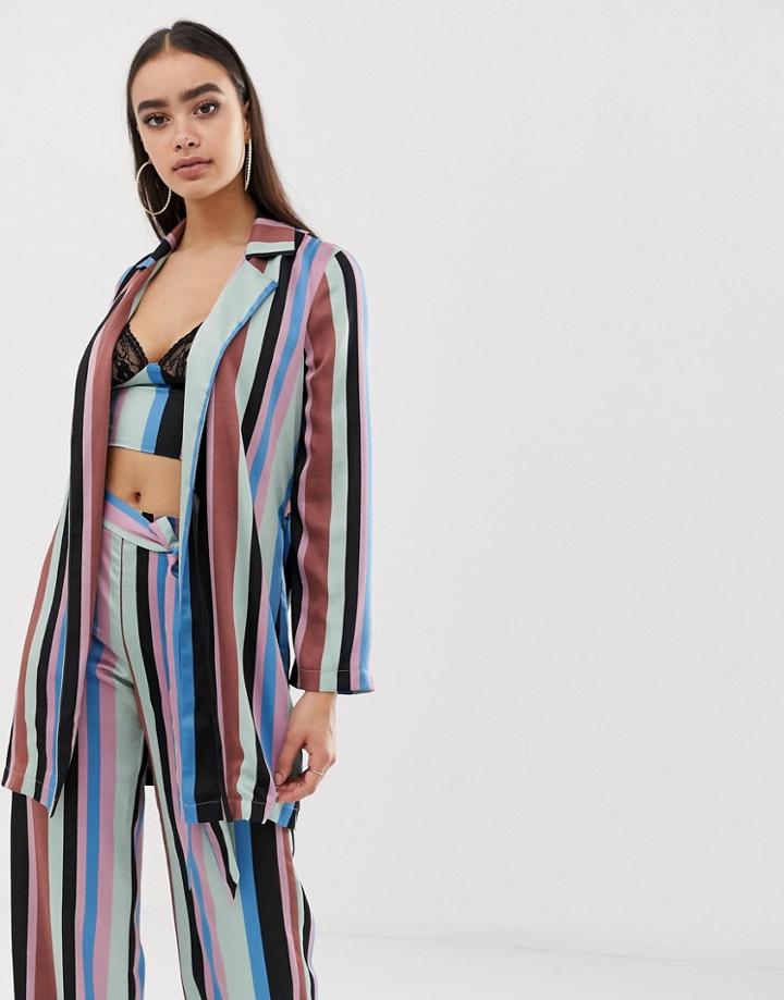 Asos Design Longline Belted Stripe Satin Pyjama Jacket-multi