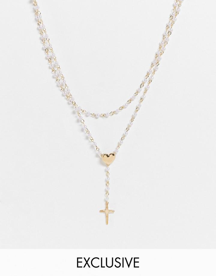 Reclaimed Vintage Inspired Unisex Bead Necklace With Heart And Cross In Gold
