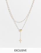 Reclaimed Vintage Inspired Unisex Bead Necklace With Heart And Cross In Gold