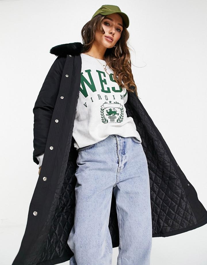Fashion Union Puffer Coat With Faux-fur Trim And Belt-black
