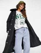 Fashion Union Puffer Coat With Faux-fur Trim And Belt-black