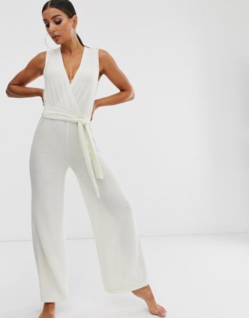 Loungeable Tie Front Wide Leg Jumpsuit In Cream-white