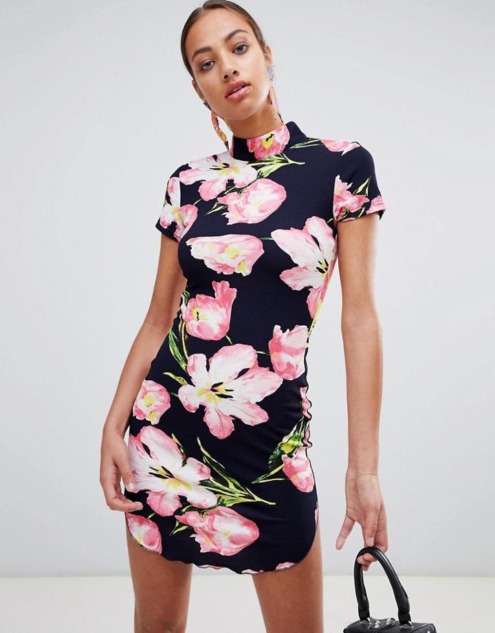 Ax Paris Short Sleeve Printed Dress With Curved Hem - Navy