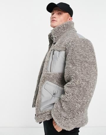 Urbancode Utility Contrast Sherpa Jacket In Gray