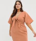 Asos Design Curve Kimono Sleeve Twist Front Mini Dress In Texture - Orange