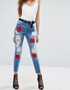 Missguided Riot Embroidered Rose Mom Jeans - Gray