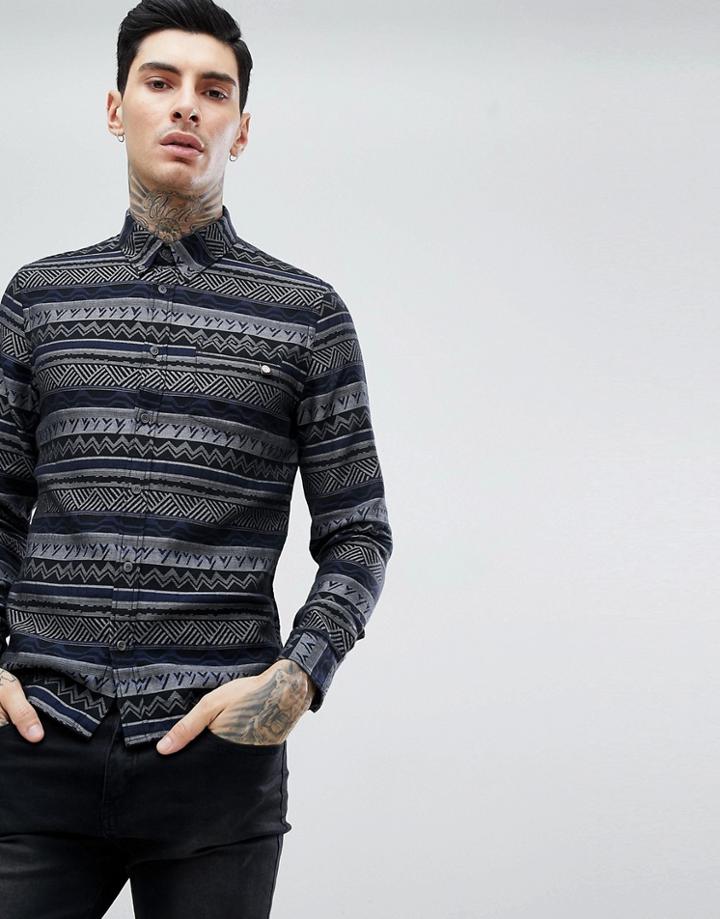 Pretty Green Slim Fit Fleet Geo-tribal Shirt In Blue - Blue