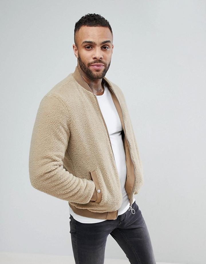 Pull & Bear Faux Shearling Bomber Jacket In Light Brown - Tan