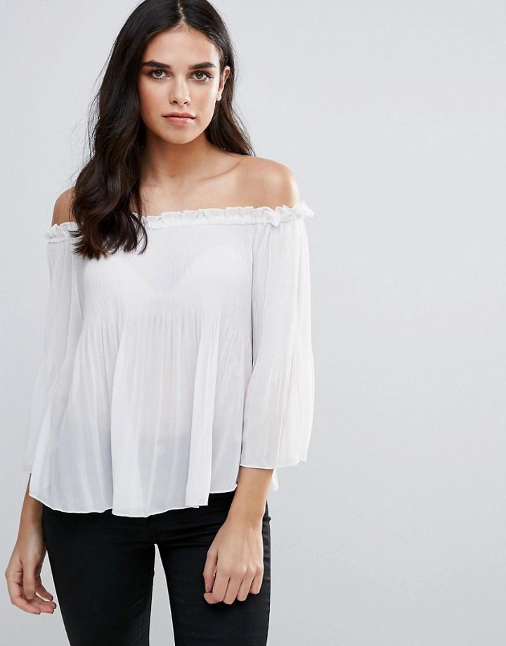 Qed London Pleated Chiffon Off Shoulder Top - Cream